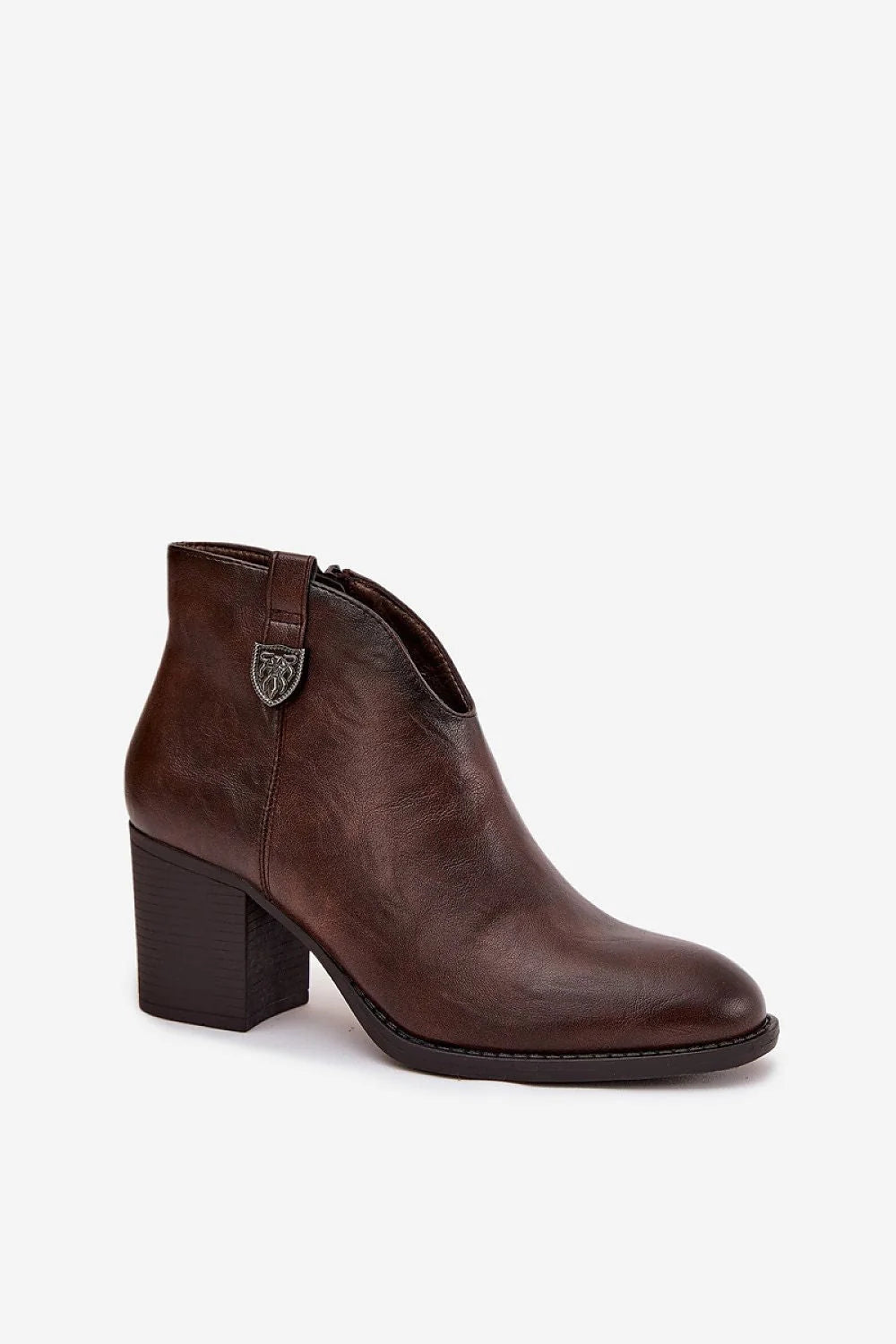 bottines femme cuir écologique doublure fourrure cheville découpe V arrondi talon bloc empilé zip bride métallique décorative semelle caoutchouc antidérapante