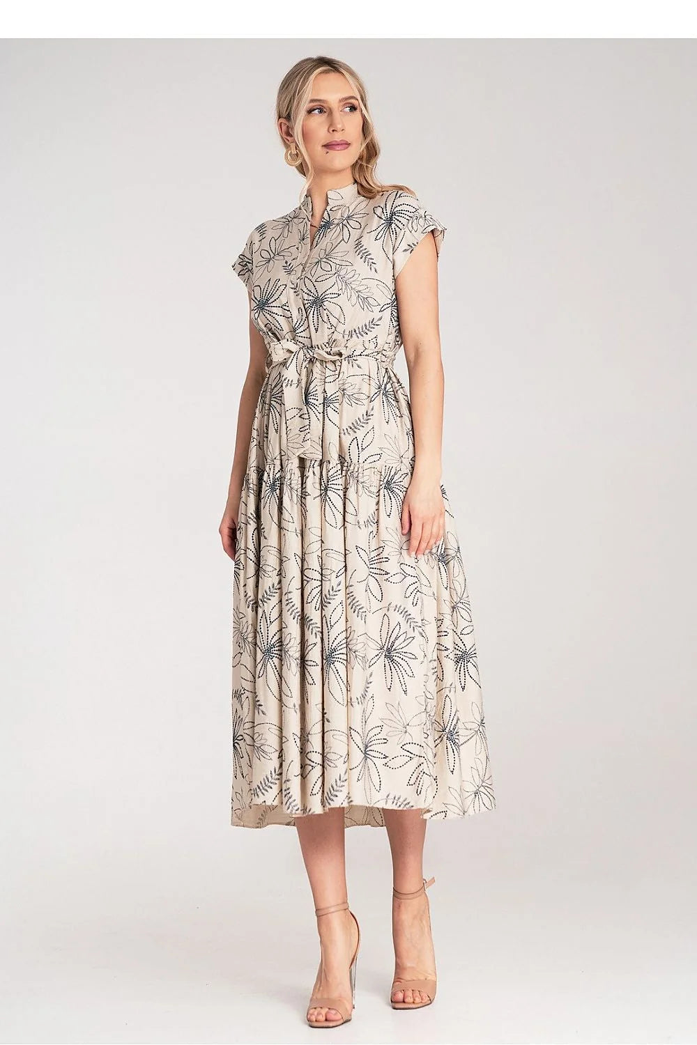 robe midi femme beige fleurie viscose légère manches courtes kimono col mao ceinture nouée cintrée jupe évasée bohème chic