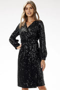 Robe de soirée élégante midi manches longues sequins noirs taille cintrée col V profond femmes