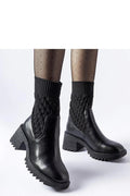 bottines femme mi mollet forme chaussette cuir noir lisse tige tricotée tressée bord côtelé talon carré semelle crantée