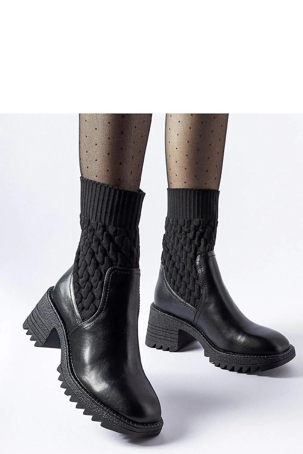 bottines femme mi mollet forme chaussette cuir noir lisse tige tricotée tressée bord côtelé talon carré semelle crantée