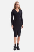 robe midi côtelée noire moulante manches longues encolure V fente devant taille marquée coupe crayon stretch confortable minimaliste élégante polonaise