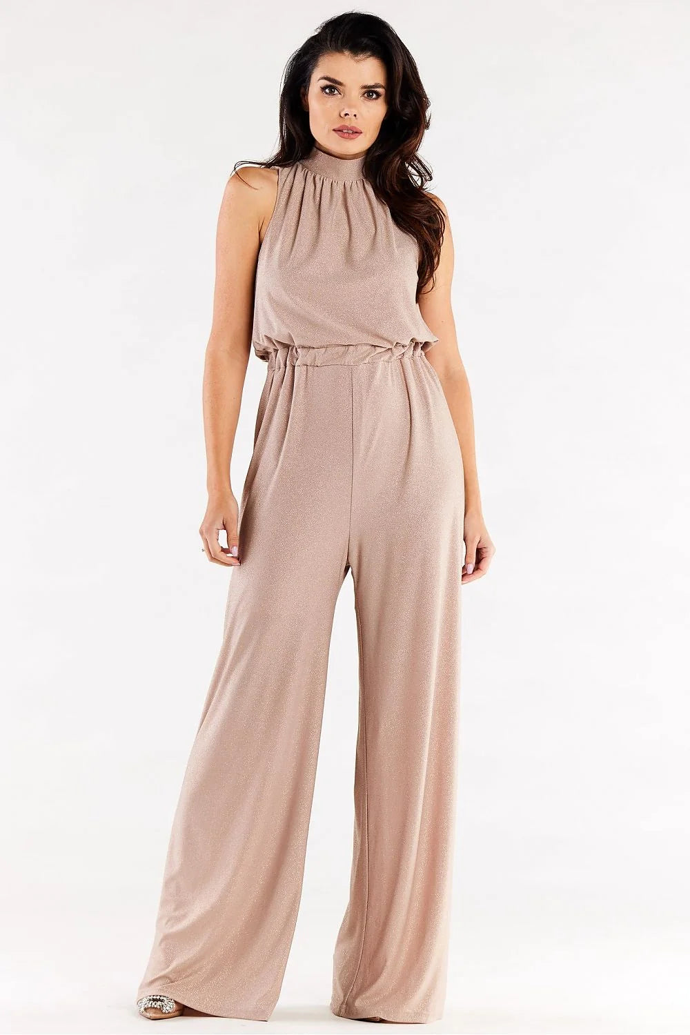 Combinaison awama femme élégante moderne noire scintillante sans manches col noué taille élastiquée occasion spéciale soirée