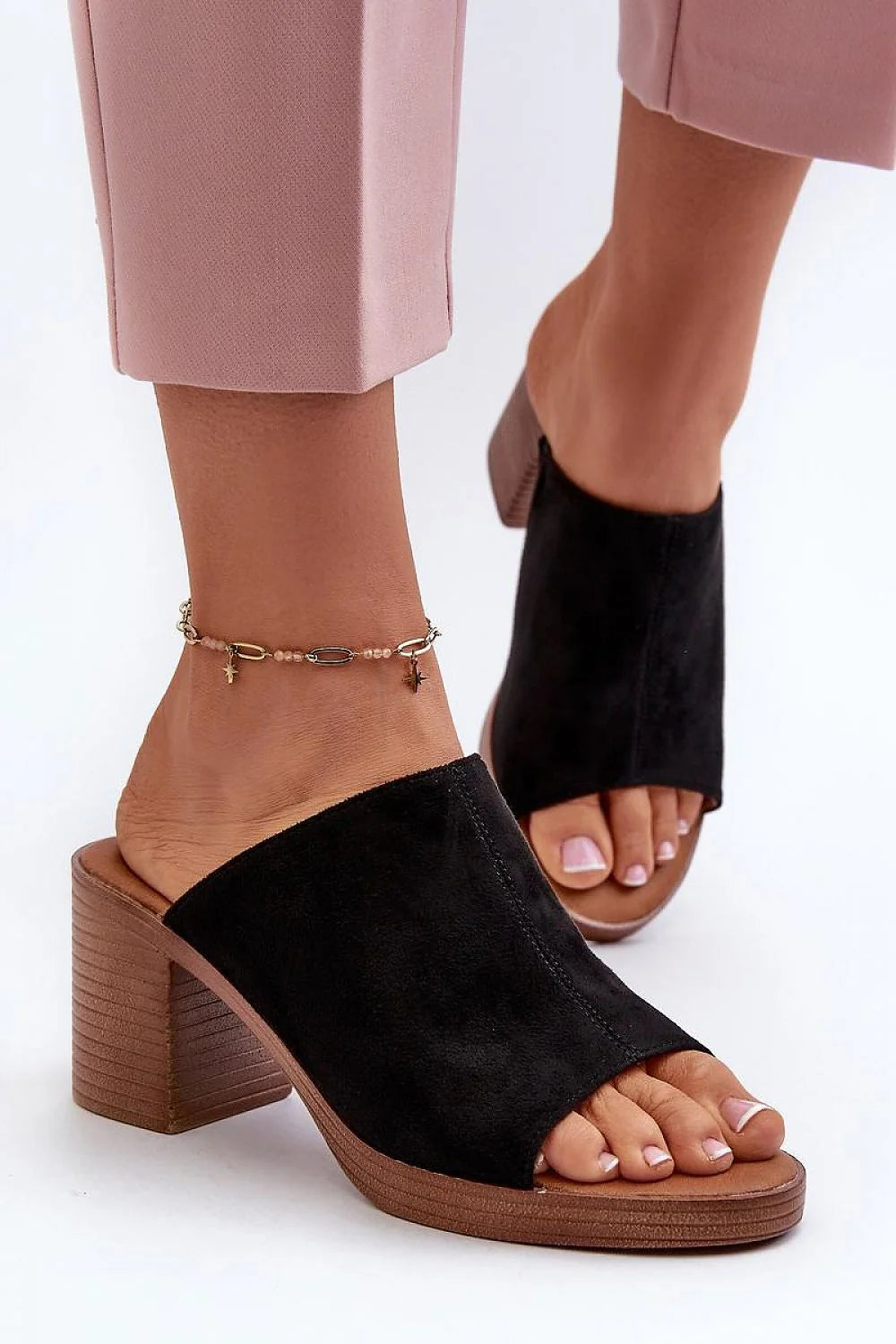 Mules à talon carré ouvert style moderne élégant pour femmes cuir suédé noir semelle bois couleur intemporelle confortable été printemps taille 36 37