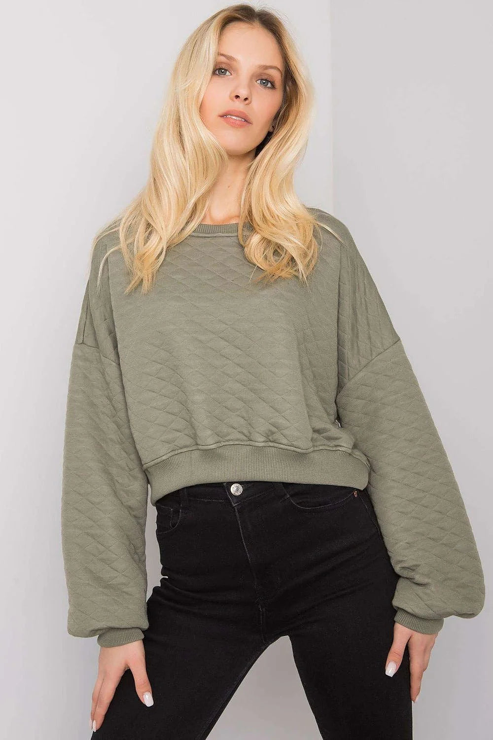 Sweatshirt femme moderne décontracté tissu matelassé kaki losanges manches longues ample urban casual