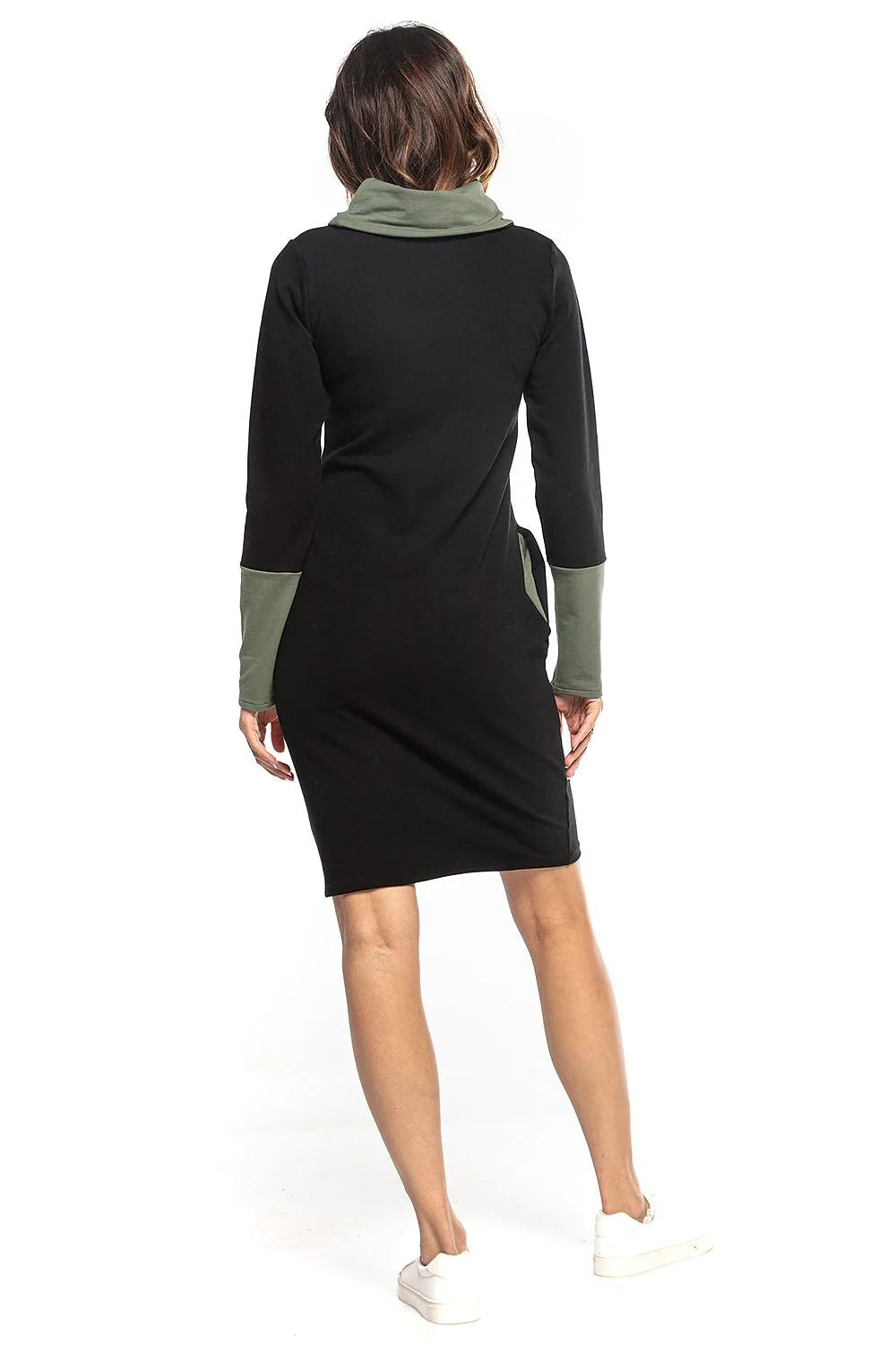 Robe en maille coton casual chic noire rose ajustée confortable manches longues avec poches femmes