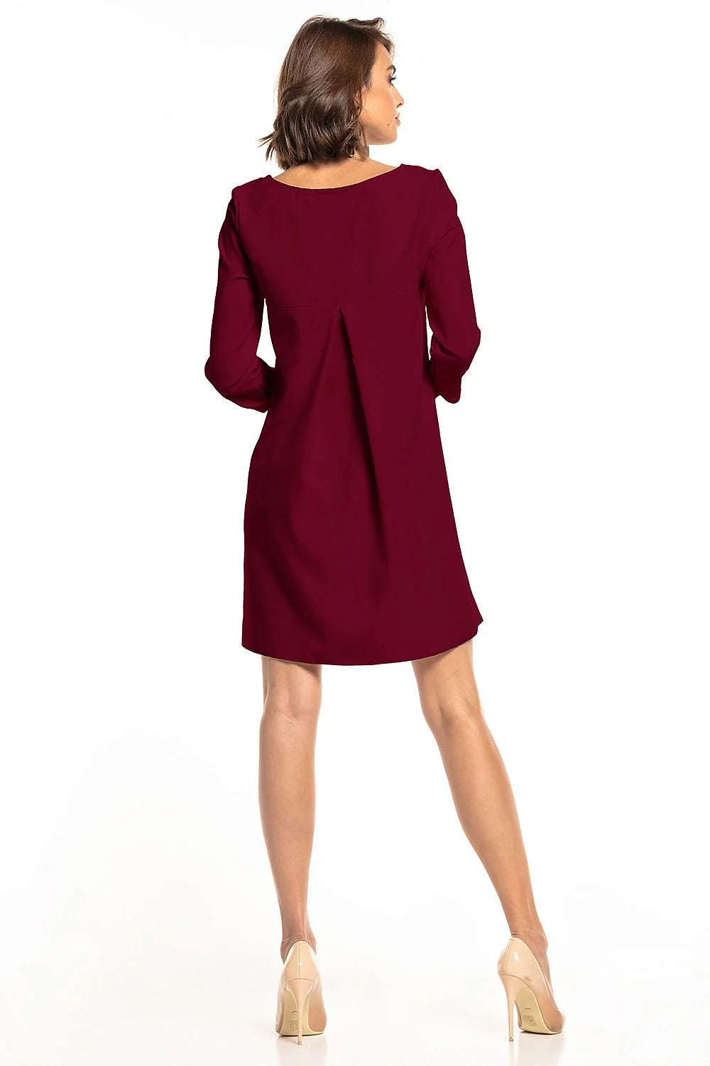 Robe élégante en polyester vert foncé coupe droite chic manches trois-quarts ourlet asymétrique