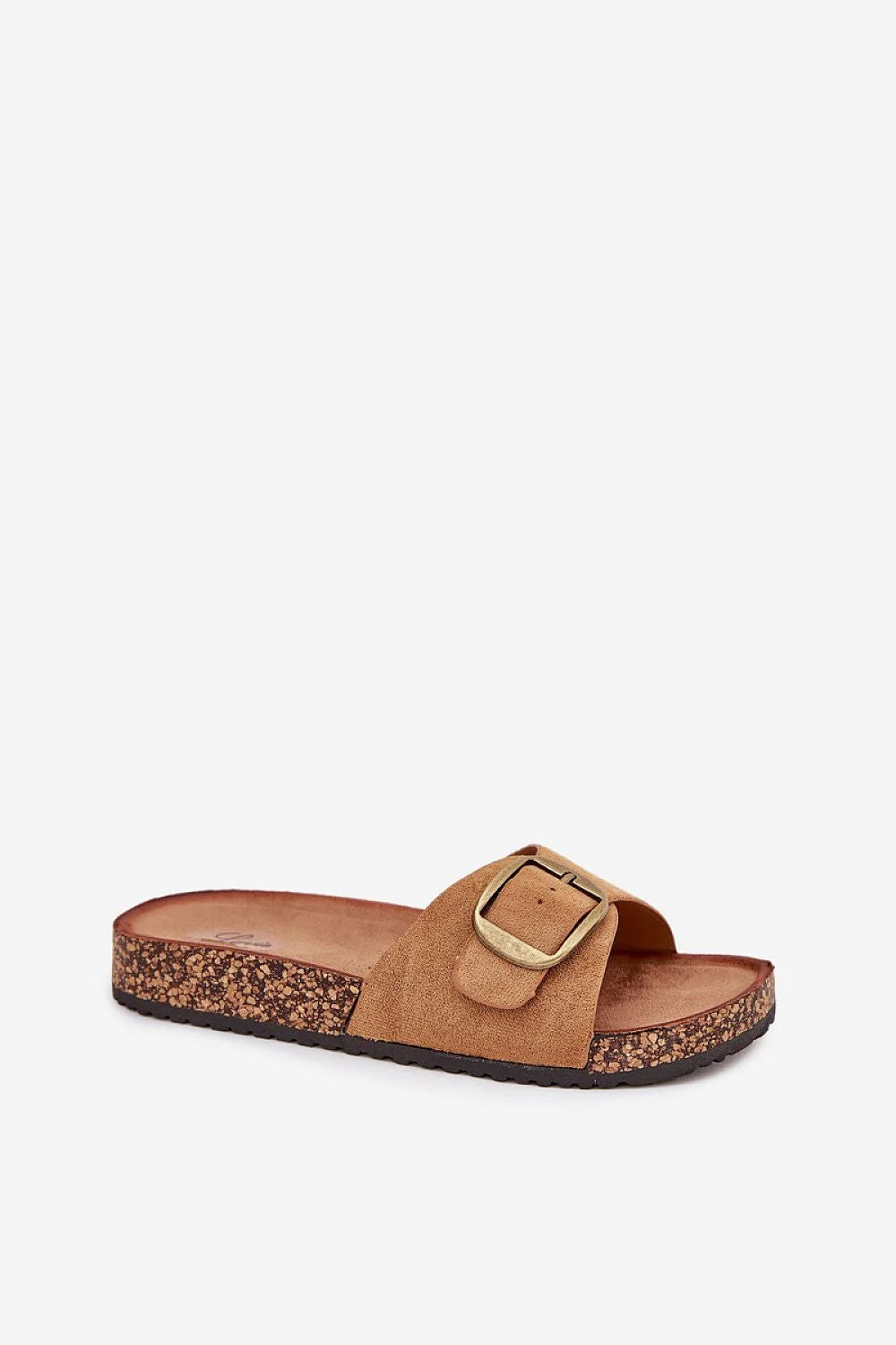 mules femme daim synthétique camel plateforme liège 3cm bride large boucle métallique dorée réglable footbed anatomique rembourré semelle crantée antidérapante