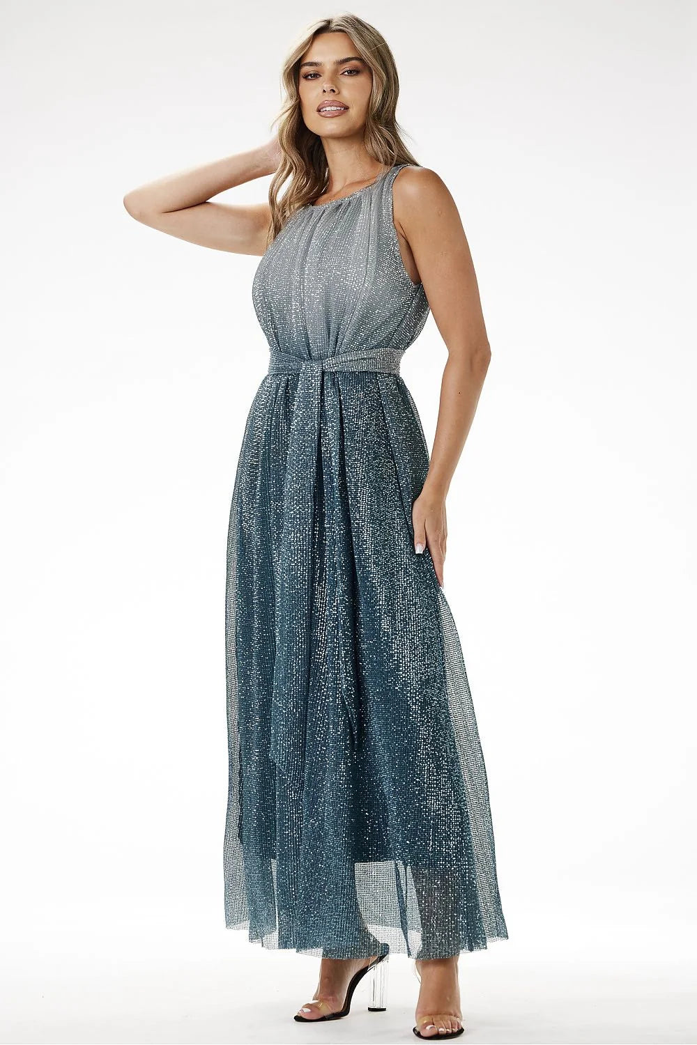 robe longue élégante effet ombré maille pailletée doublure satin ajustée ceinture intégrée bleu gris profond scintillante glamour soirée mariage gala