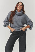 pull femme col roulé oversize gris chiné maille épaisse duveteuse relaxed épaules tombantes manches bouffantes bordcôtes court alpaga laine