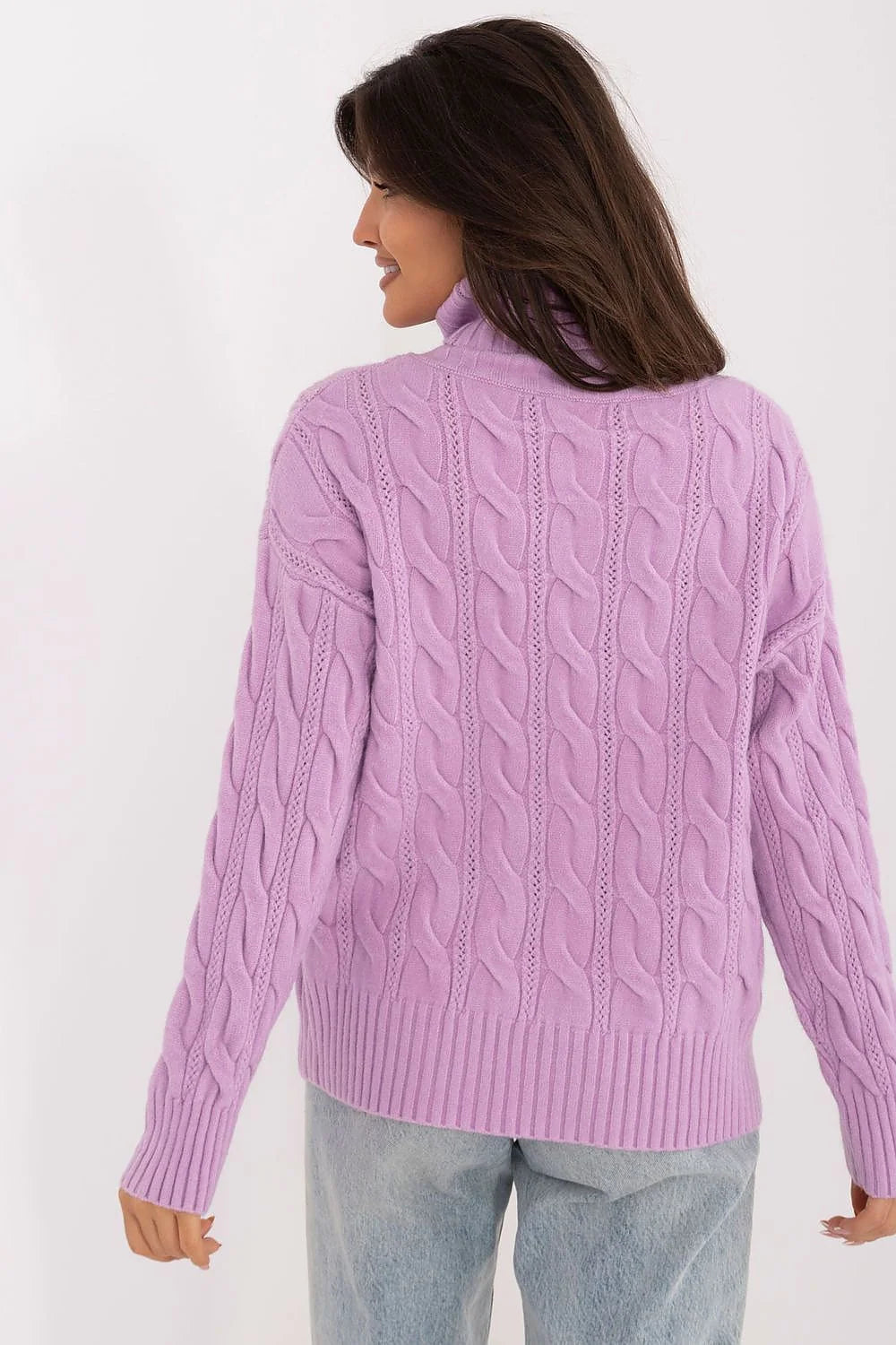 Pullover femme col roulé maille torsadée violet lilas matières douces coupe ample finitions côtelées acrylique polyamide polyester mode automne hiver