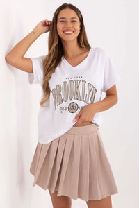 ensemble décontracté femme tshirt colV manches courtes imprimé Brooklyn coton elasthanne jupe plissée mini taille haute shorts intégrés