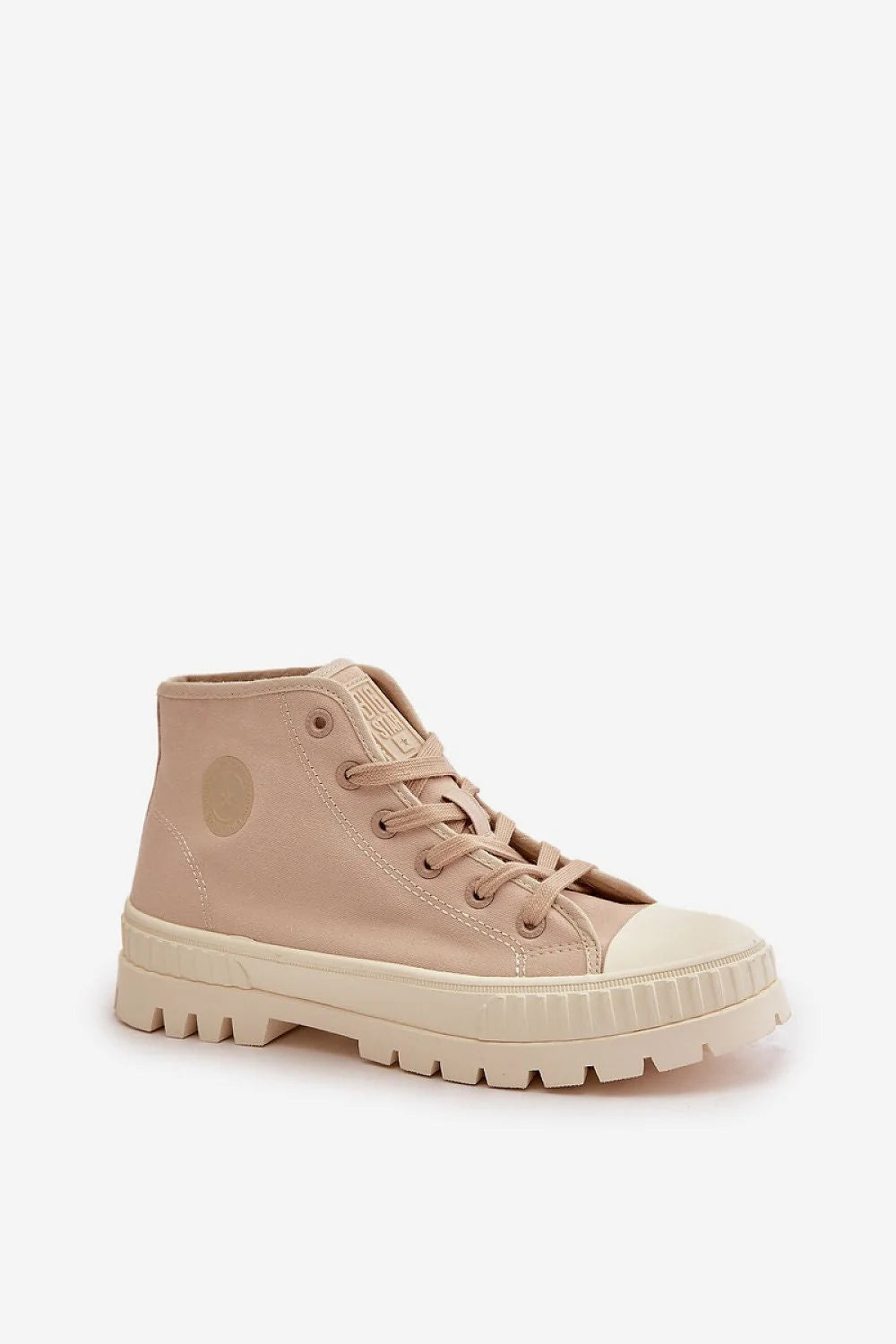 baskets montantes femme minimaliste moderne beige toile bout renforcé écru lacets assortis semelle crantée caoutchouc épaisse maintien cheville confortable