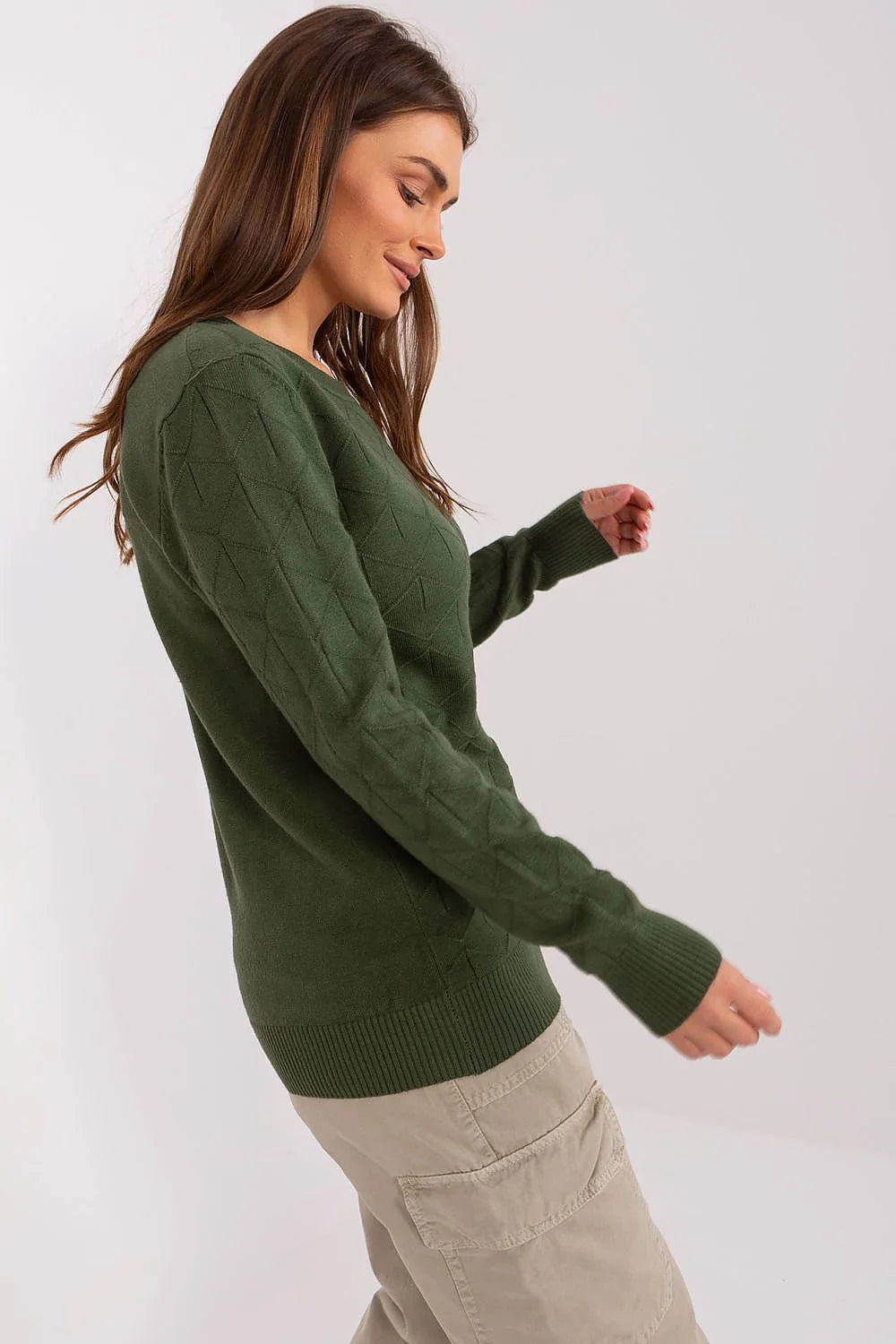 Chandail pour femme texturé motif géométrique couleur verte profonde manches longues col rond tricot doux confortable automne hiver