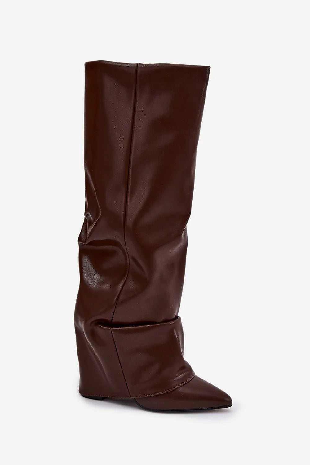 Bottes cuissardes cuir artificiel marron chocolat élégantes bout pointu talon stable hiver mode féminine