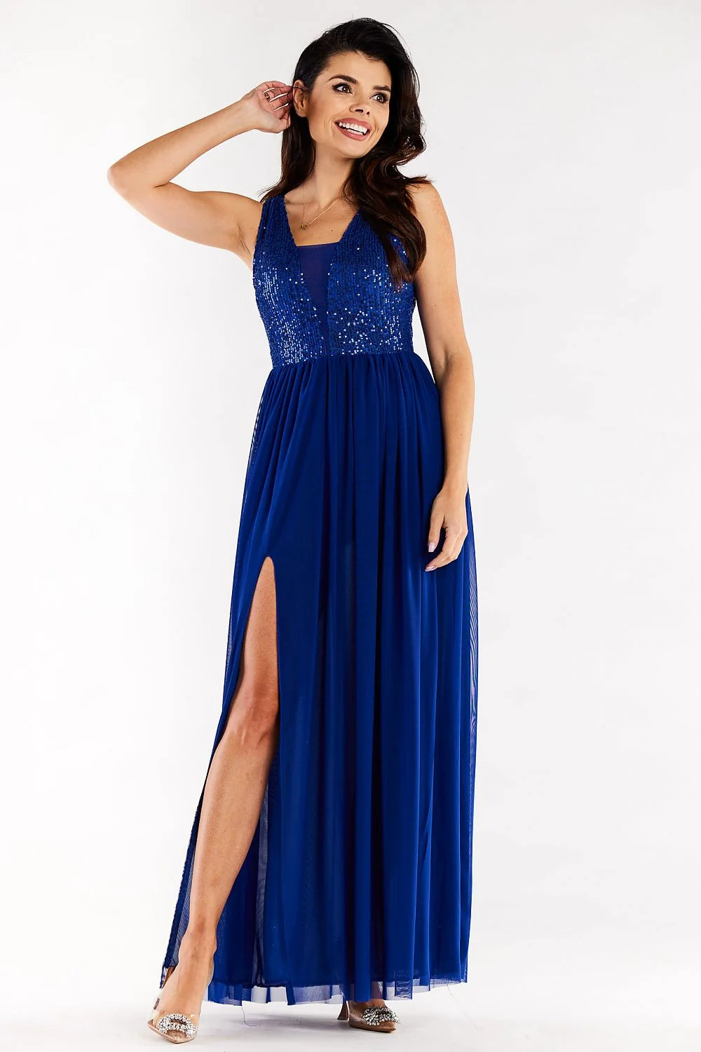 robe longue élégante sans manches dos ouvert pailleté rose poudré décolleté plongeant taille empire jupe fluide mousseline fente