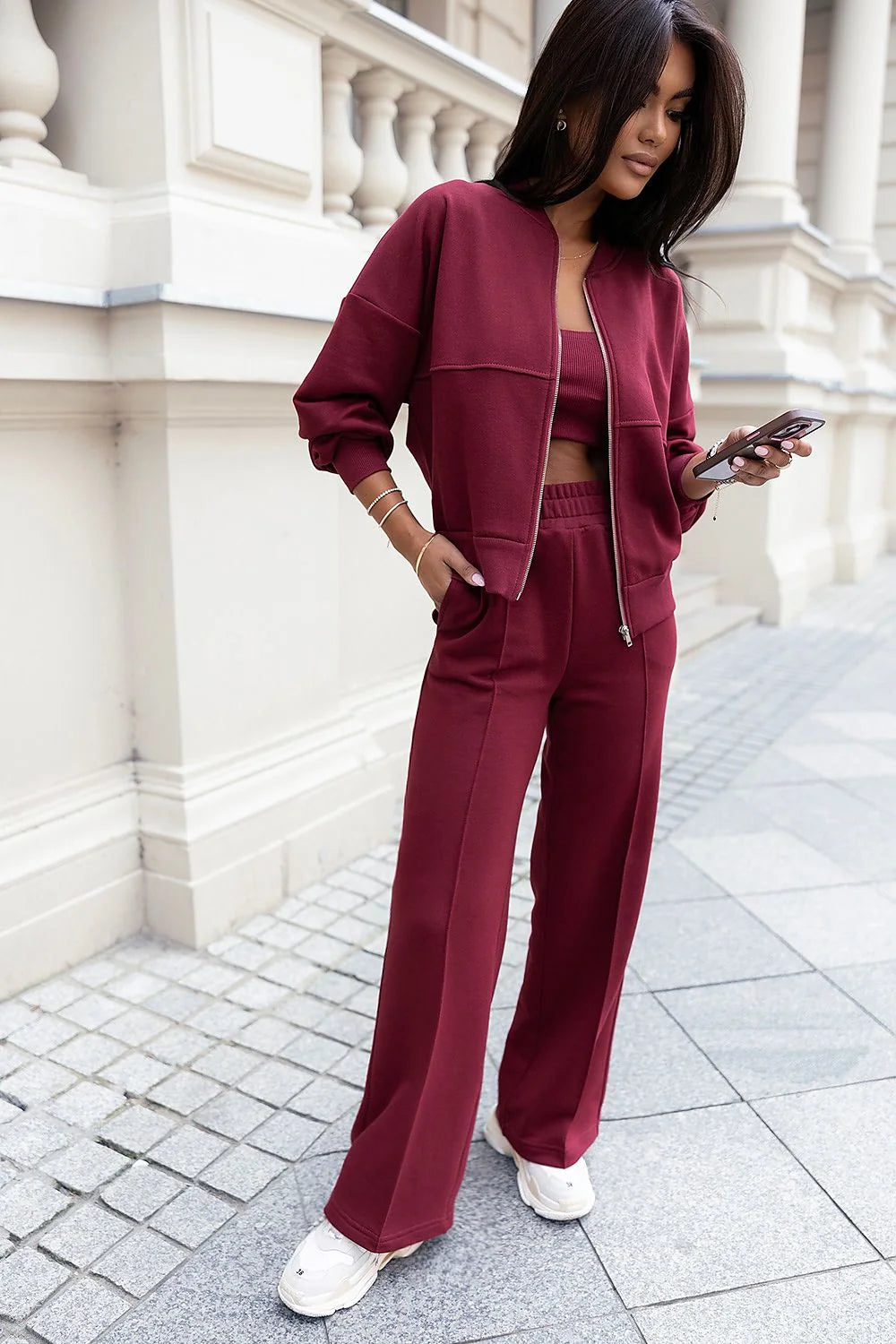 Ensemble IVON 3 pièces moderne urban style couleur bordeaux profond coton polyester femmes confortable chic