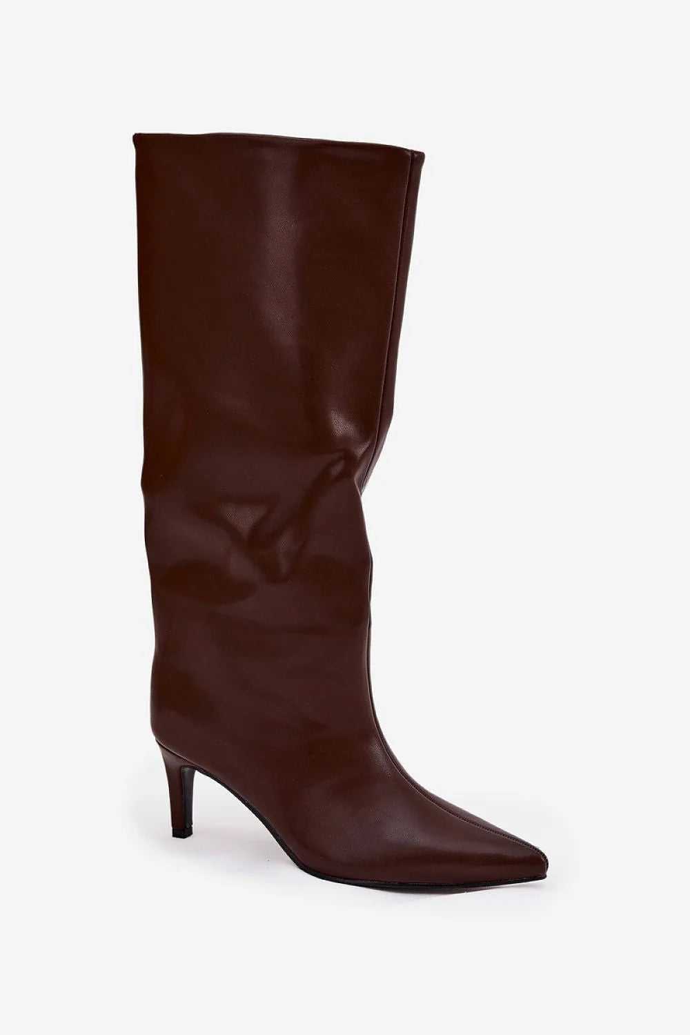 bottes hautes femme marron chocolat similicuir tige droite genou bouts pointus talons fins kitten élégantes doublures chaudes confortables