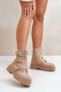 Bottines femmes modernes élégance style audacieux automne hiver beige doré tige montante semelle compensée sangles métalliques