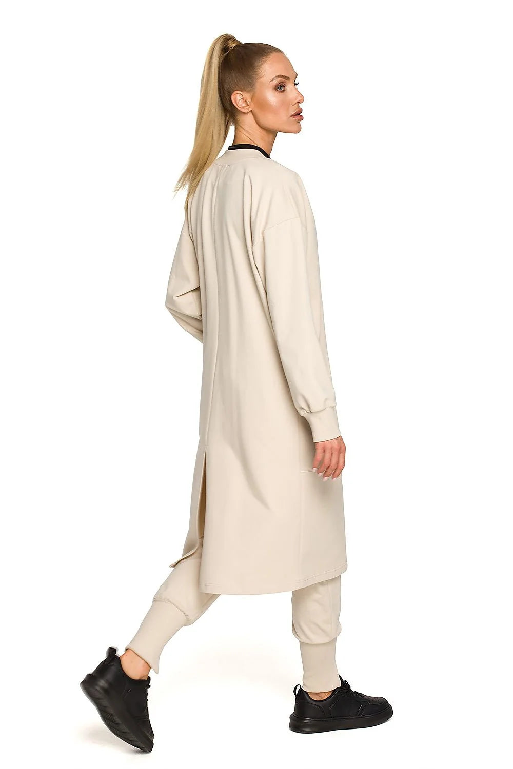Manteau long pour femmes moderne décontracté coupe ample coton élasthanne beige clair poches latérales fermeture éclair femmes