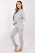 pyjama femme deux pièces coton doux confortable manches longues col rond boutons décoratifs pantalon droit gris chiné cœurs blancs roses