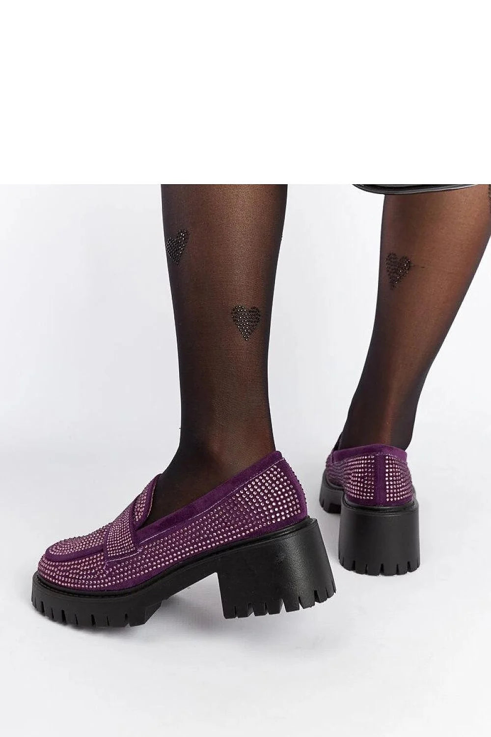 mocassins violet strass plateforme talon massif cuir écologique semelle caoutchouc femme élégance confort velours crantée compensé rétro chic audacieux