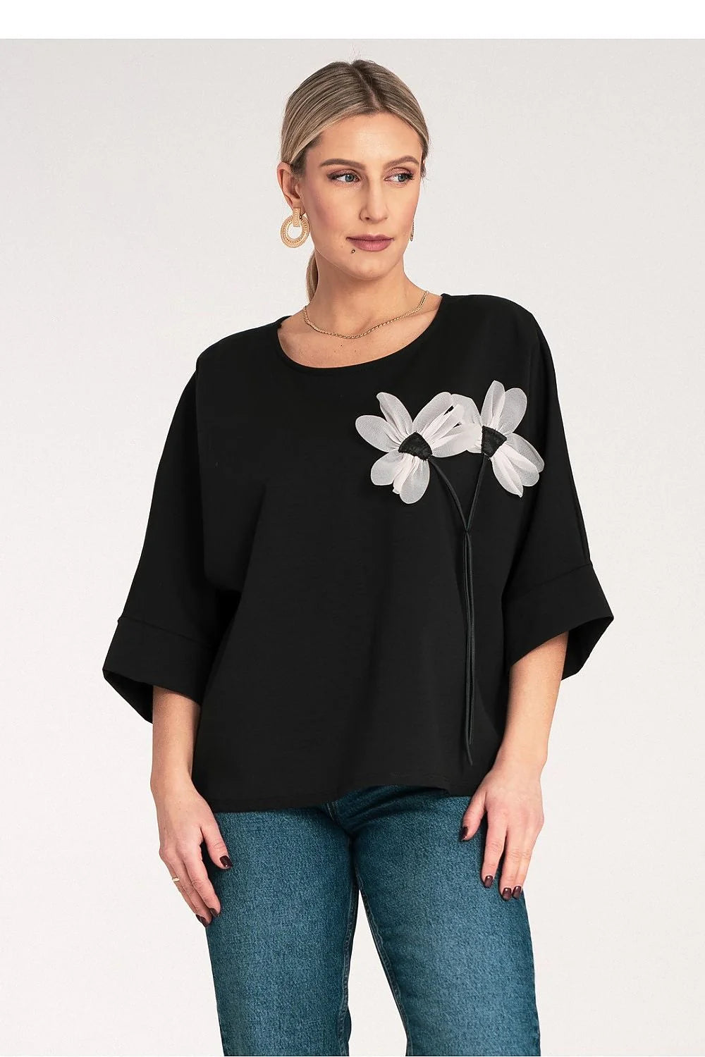 Chemisier pour femme élégant décontracté coupe ample manches mi-longues motif floral fleurs blanches noires tissu doux