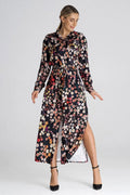 Robe longue à motifs floraux élégante chemise manches longues ceinture fente sexy polyester 97% femme