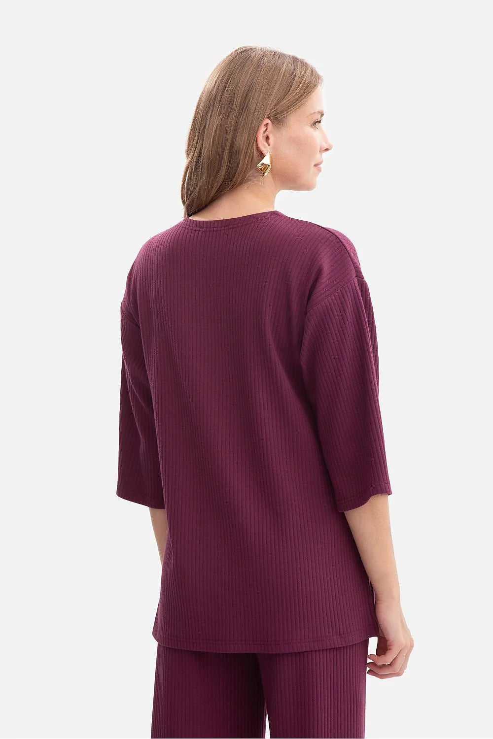 chemisier femme oversized côtelé prune encolure ronde manches troisquarts coupe droite hanches fentes latérales extensible doux coton élasthanne pologne artisanal