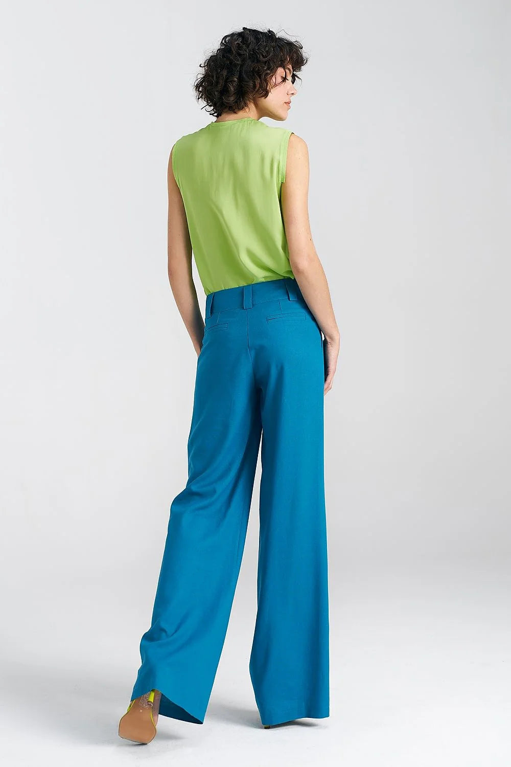 Pantalon long Nife pour femme en viscose, lin et coton bleu capri coupe décontractée taille haute poches latérales