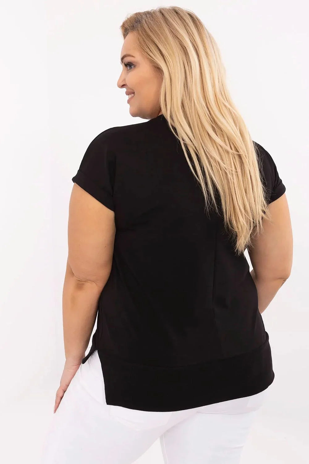 chemisier femme grande taille coton élasthanne stretch encolure V manches courtes coeur zircons perles scintillants noir élégant confortable classique polyvalent