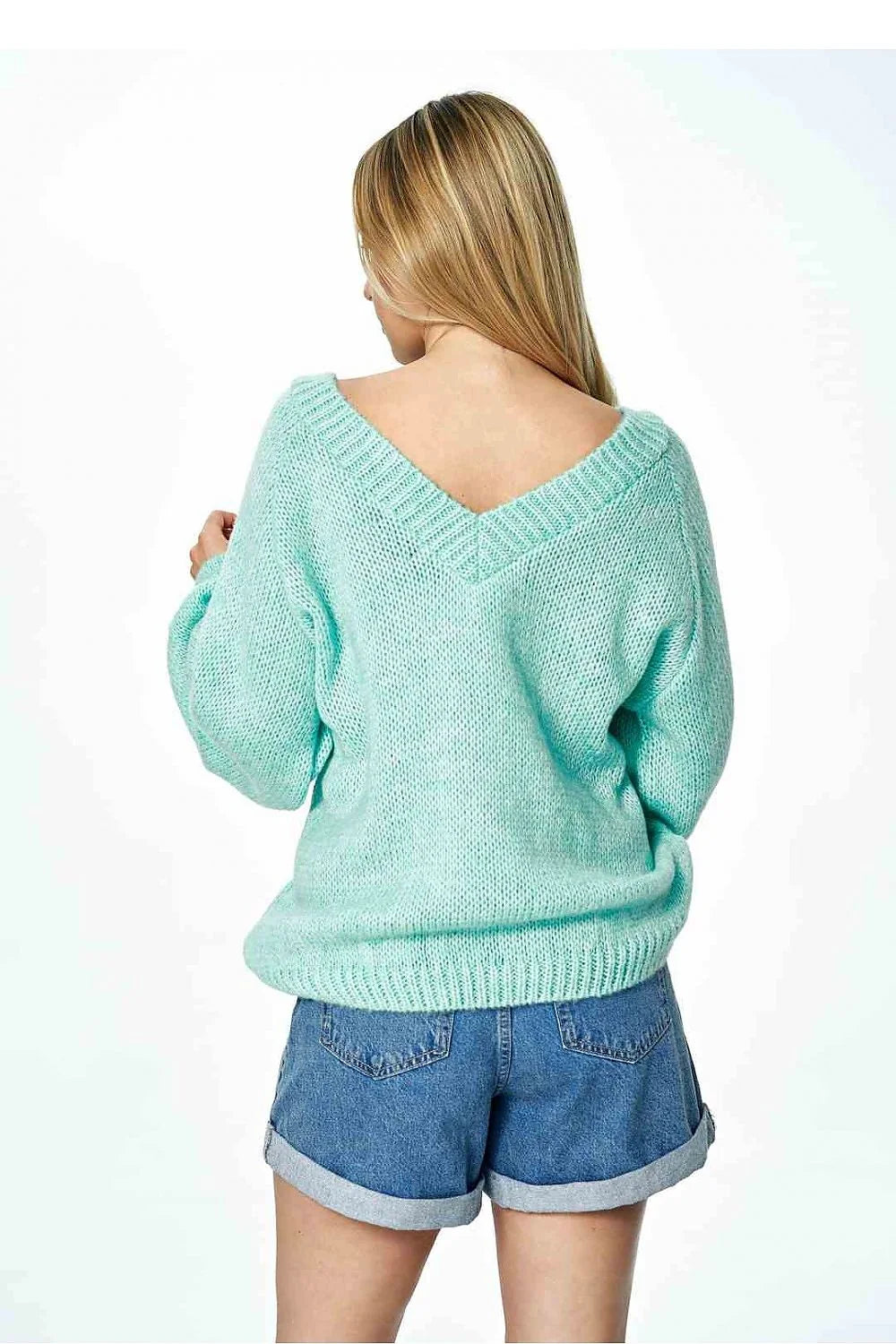 Pull-over femme style moderne ample col V profond manches longues vert menthe acrylique nylon polyester laine taille universelle