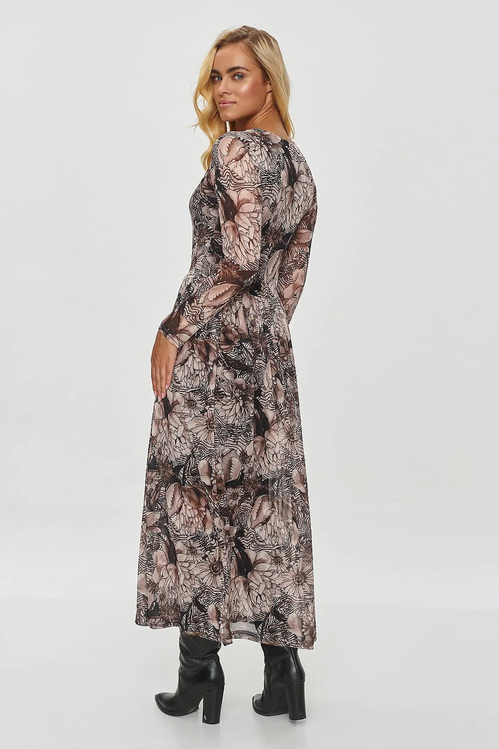 Robe de jour Makadamia longue motifs floraux abstraits tissu léger manches longues encolure ronde taille ajustable femme
