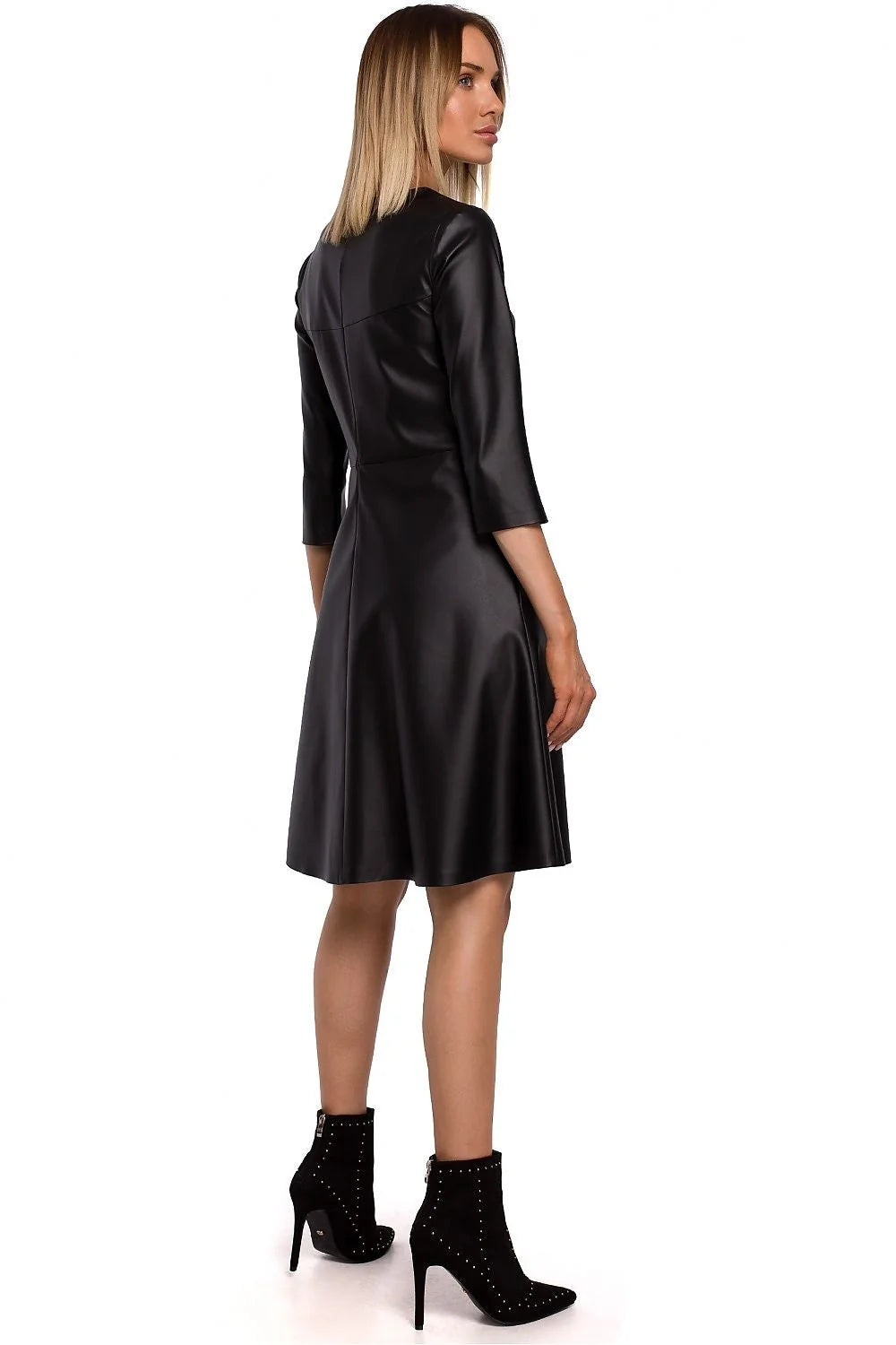 Robe élégante similicuir noir chic moderne manches trois-quarts taille ajustable pour femmes tendance 2023