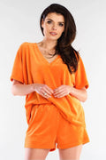 Ensemble mode femme short top velours orange vif coupe ample tunique V-neck manches courtes été 2023