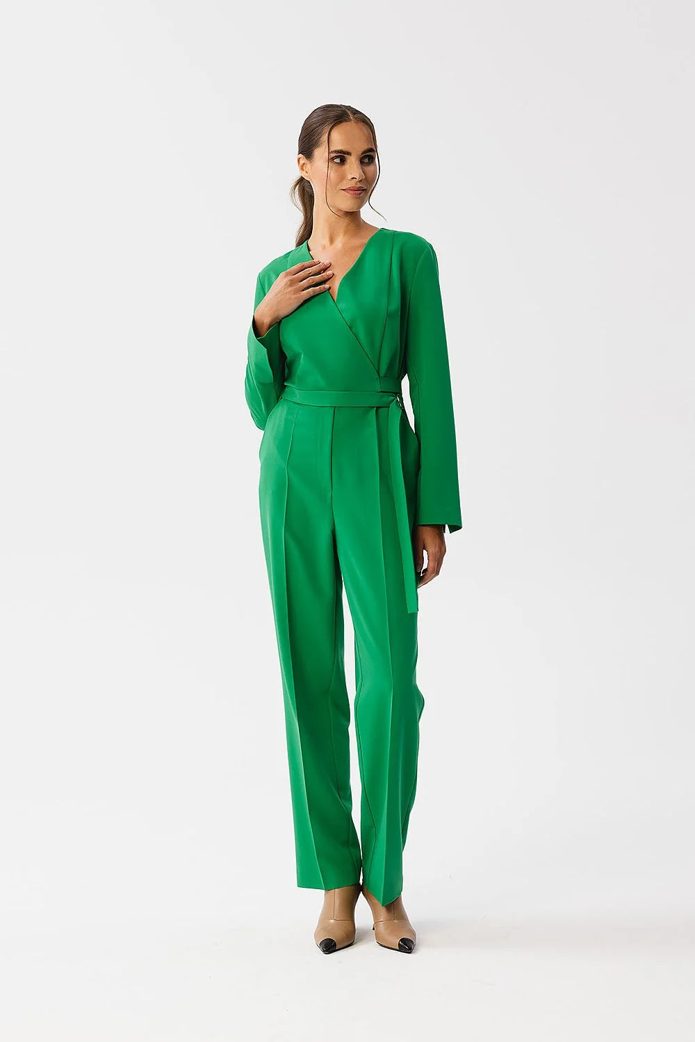 Combinaison élégante pour femme vert vif en polyester manches longues encolure V ceinture ton sur ton occasion élégante coupe cintrée