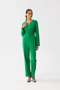 Combinaison élégante pour femme vert vif en polyester manches longues encolure V ceinture ton sur ton occasion élégante coupe cintrée