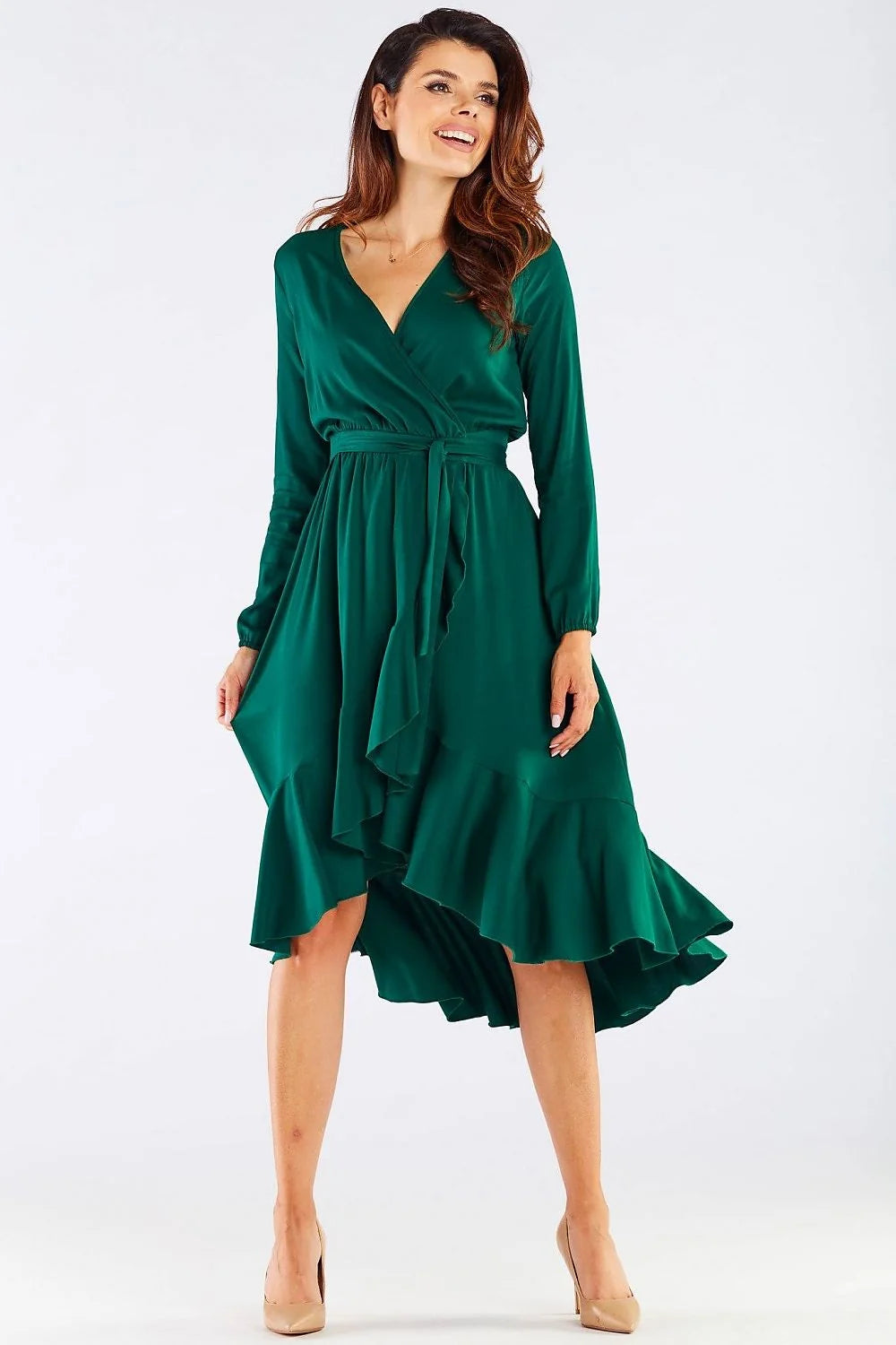 robe cocktail élégante viscose bordeaux portefeuille midi cintrée ceinture intégrée manches longues asymétrique volants cascade ourlet fluide léger
