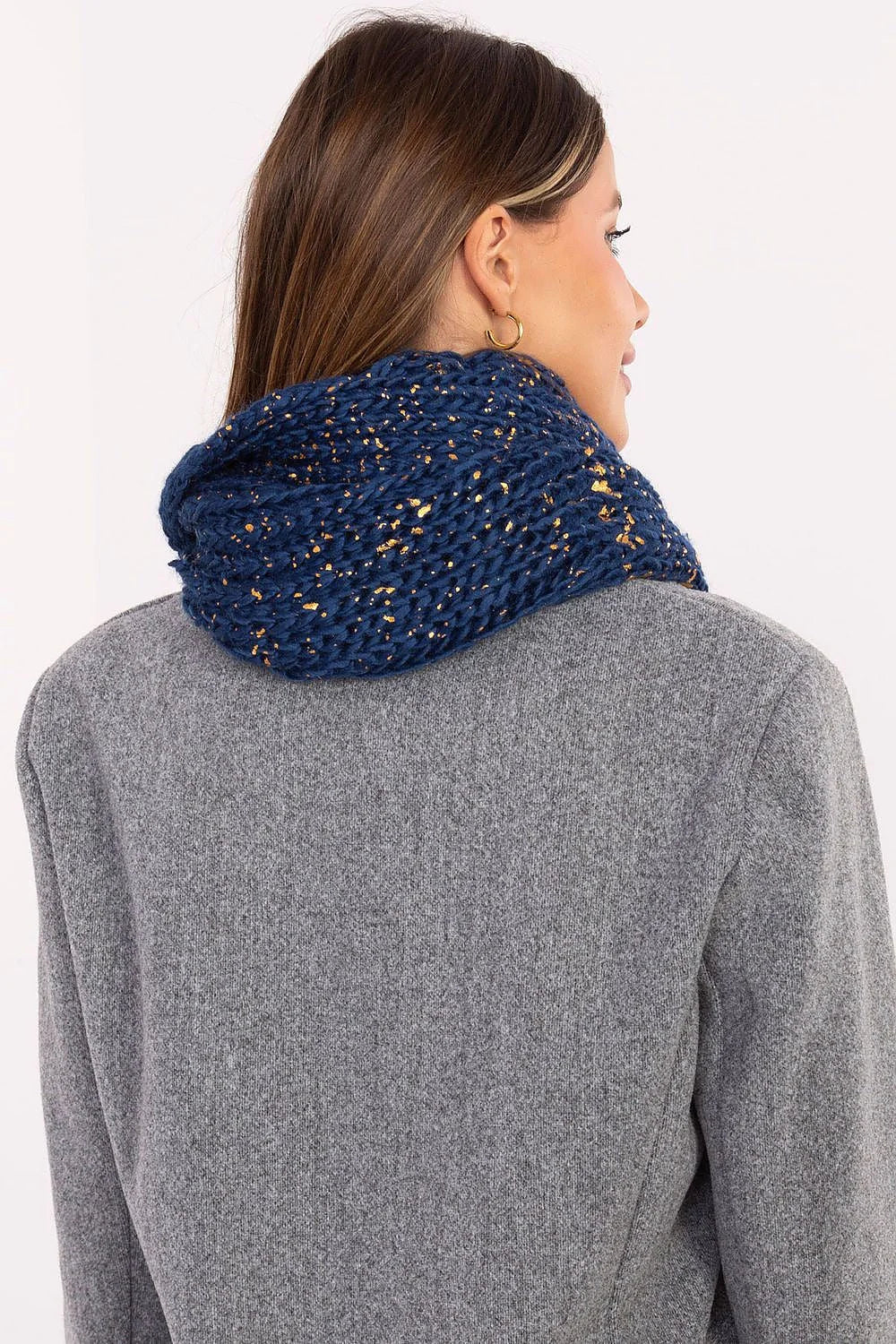 snood femme infinity maille grosse bleu marine fils dorés pailleté discret double tour tricot épais texturé chaud 65cm ajusté