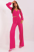 Ensemble Lakerta modern style élégant rose vif cache-coeur manches longues ajusté pantalon taille haute femme