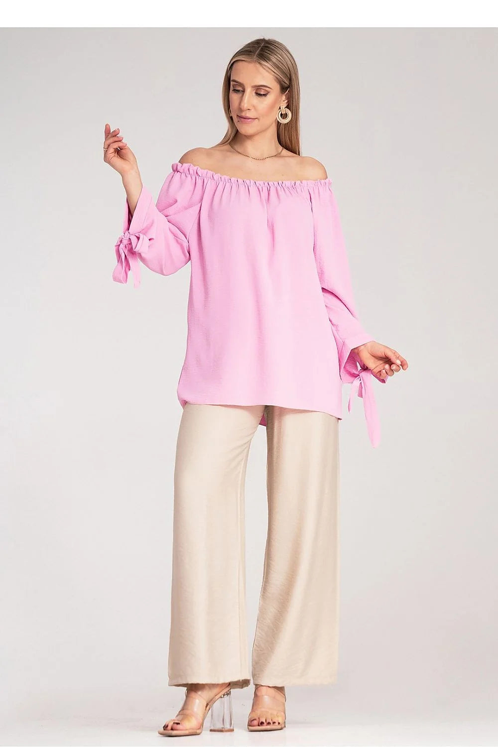 Chemisier féminin off-shoulder style bohème élégant longues manches nœuds décoratifs couleur rose pastel summer top