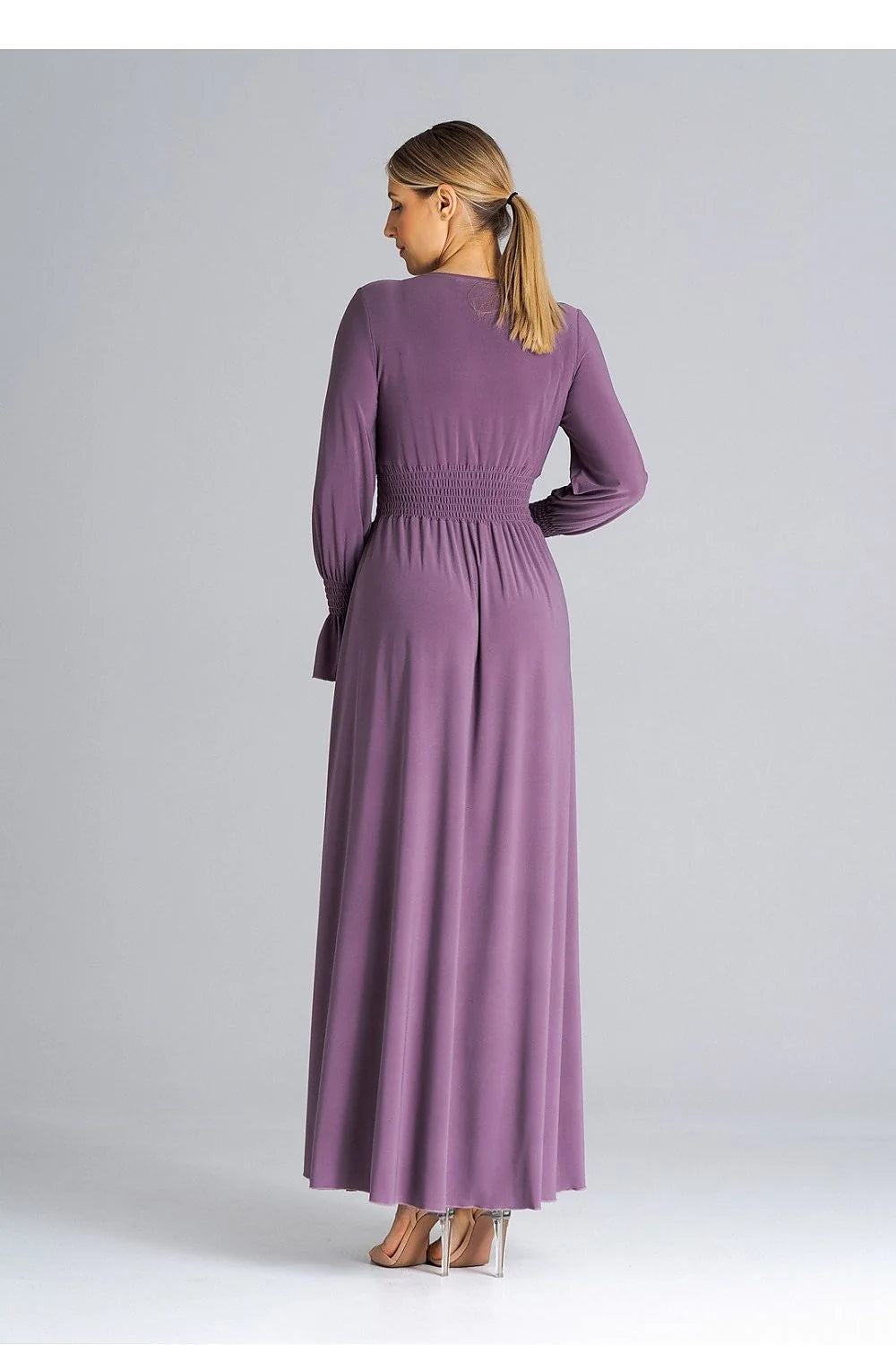 Robe de jour élégante longue empire V croisé manches longues smock polyester elastane taille haute femme