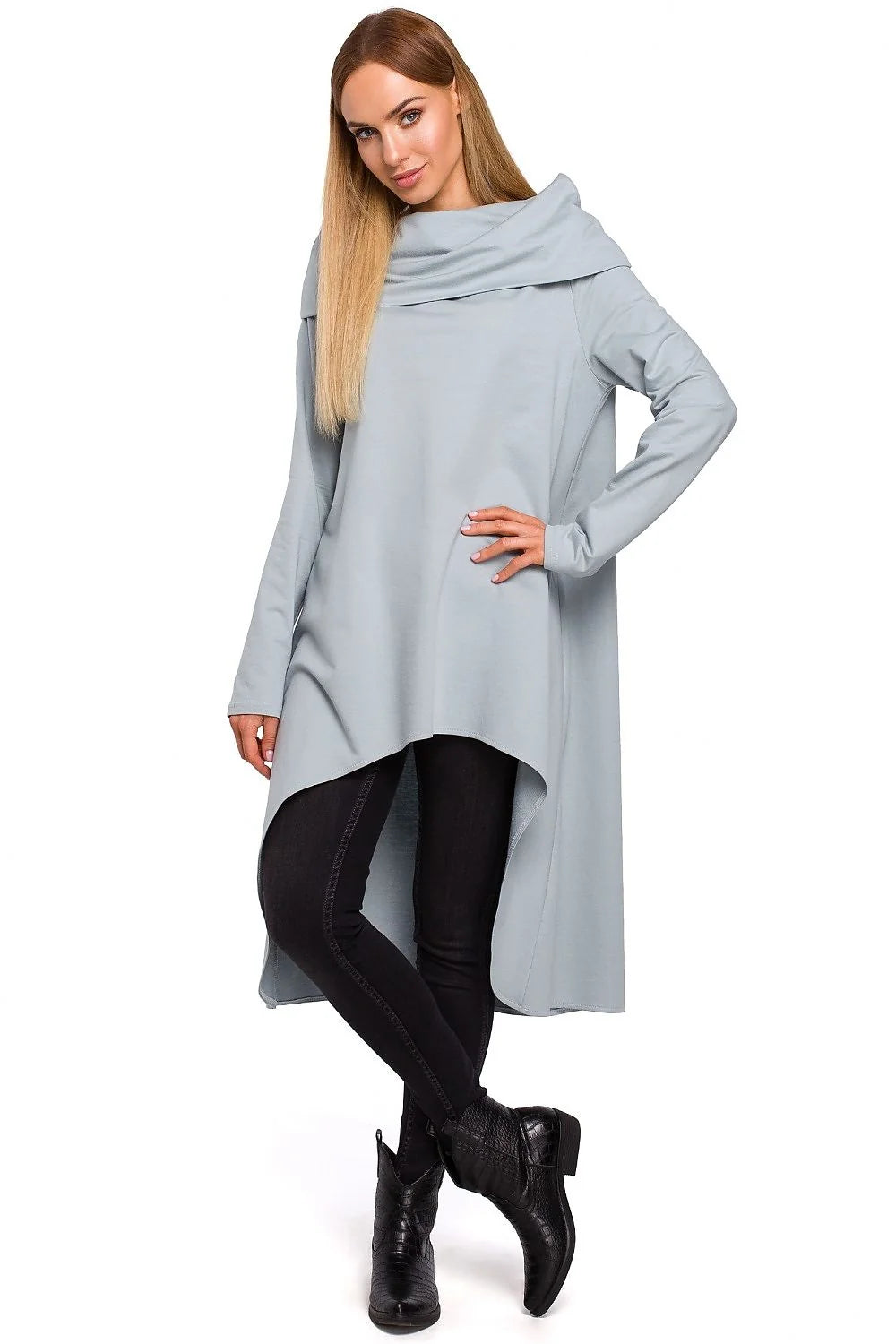 Tunique en Coton Gris Clair Asymétrique Ample Col Roulé Mode Décontractée Élégante Confortable Femme