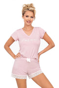 Pyjama femme rose pâle chemisier V-neck manches courtes short dentelle élastique ceinture noeud déco