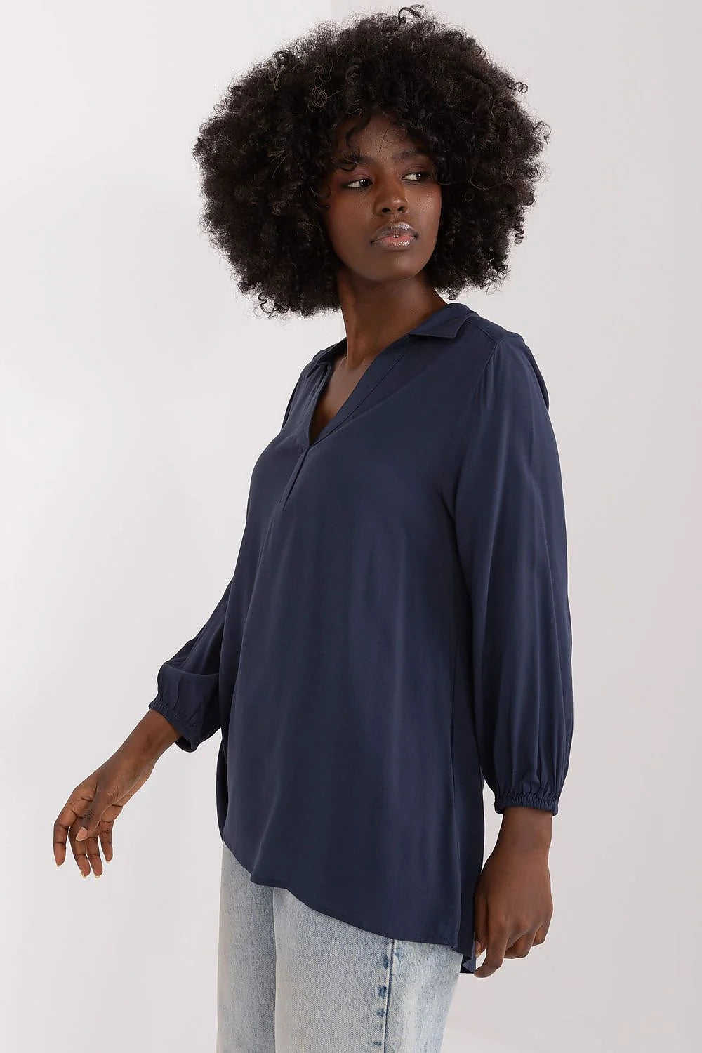 chemisier femme Sublevel viscose fluide léger bleu marine coupe ample oversize col V manches trois quarts bouffantes poignets élastiques