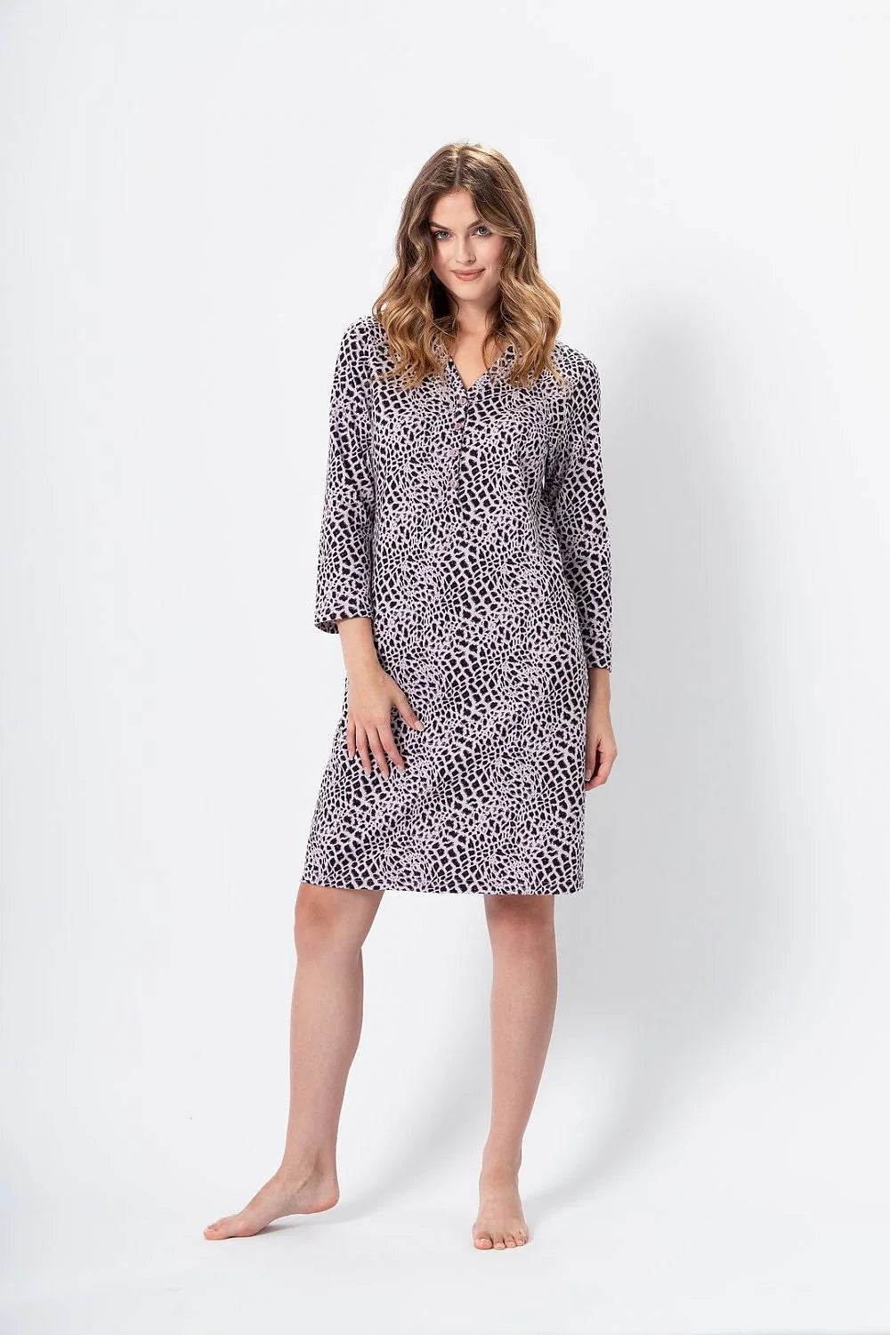 robe féminine moderne imprimé abstrait noir blanc manches troisquarts encolure V coton respirant jersey modal coupe droite fluide