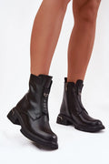 bottines femme cuir noir lisse mi mollet talon bloc bas semelle crantée fermeture éclair latérale doublure chaude détail métallique argenté