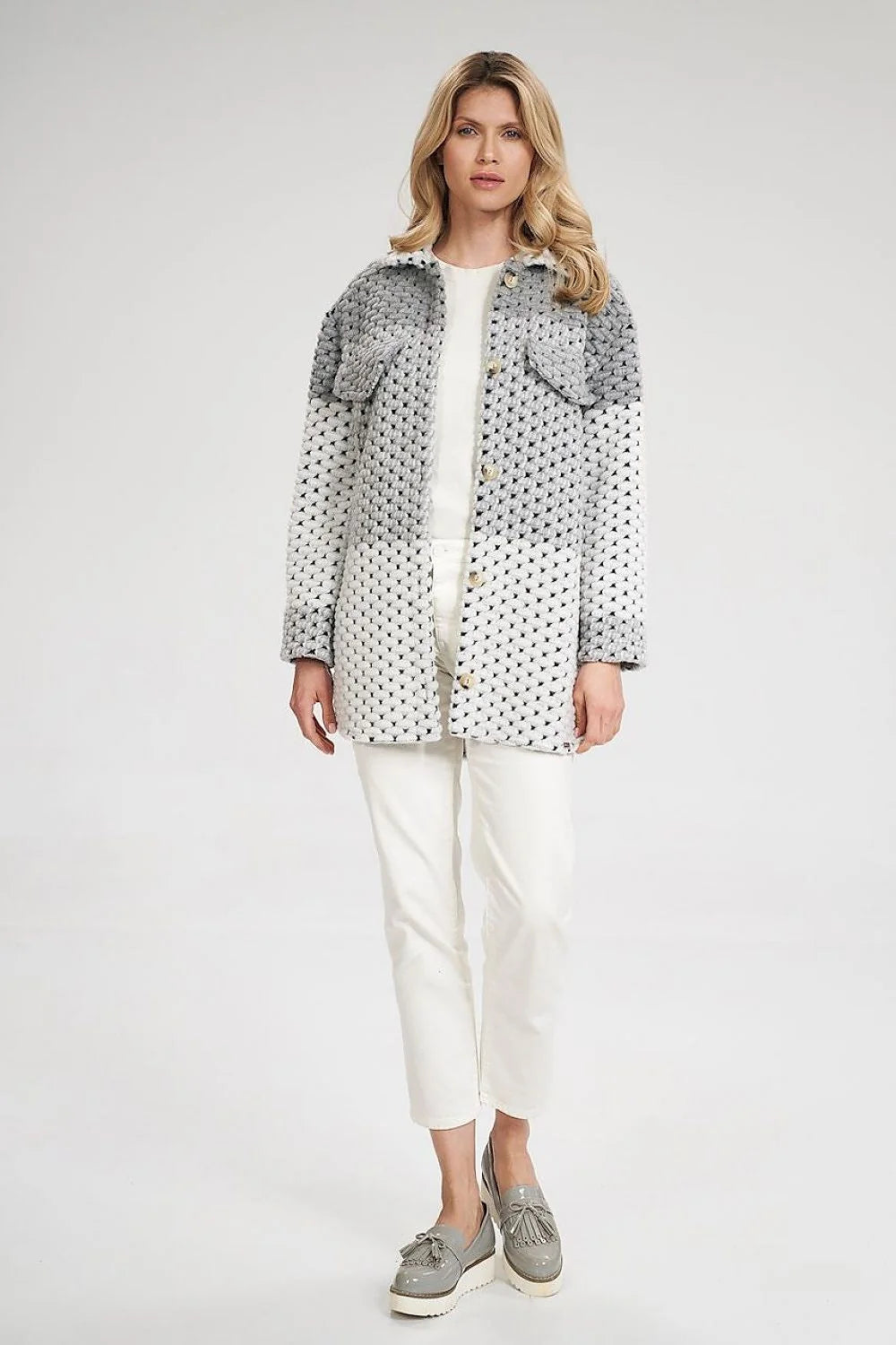 Veste en maille épaisse tricotée chic décontracté pour femme avec dégradé gris blanc élégant