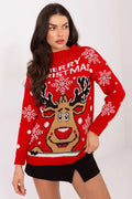 pull Noël femme rouge vif renne cartoon inscription Merry Christmas maille épaisse côtelée manches longues col roulé confortable acrylique polyamide