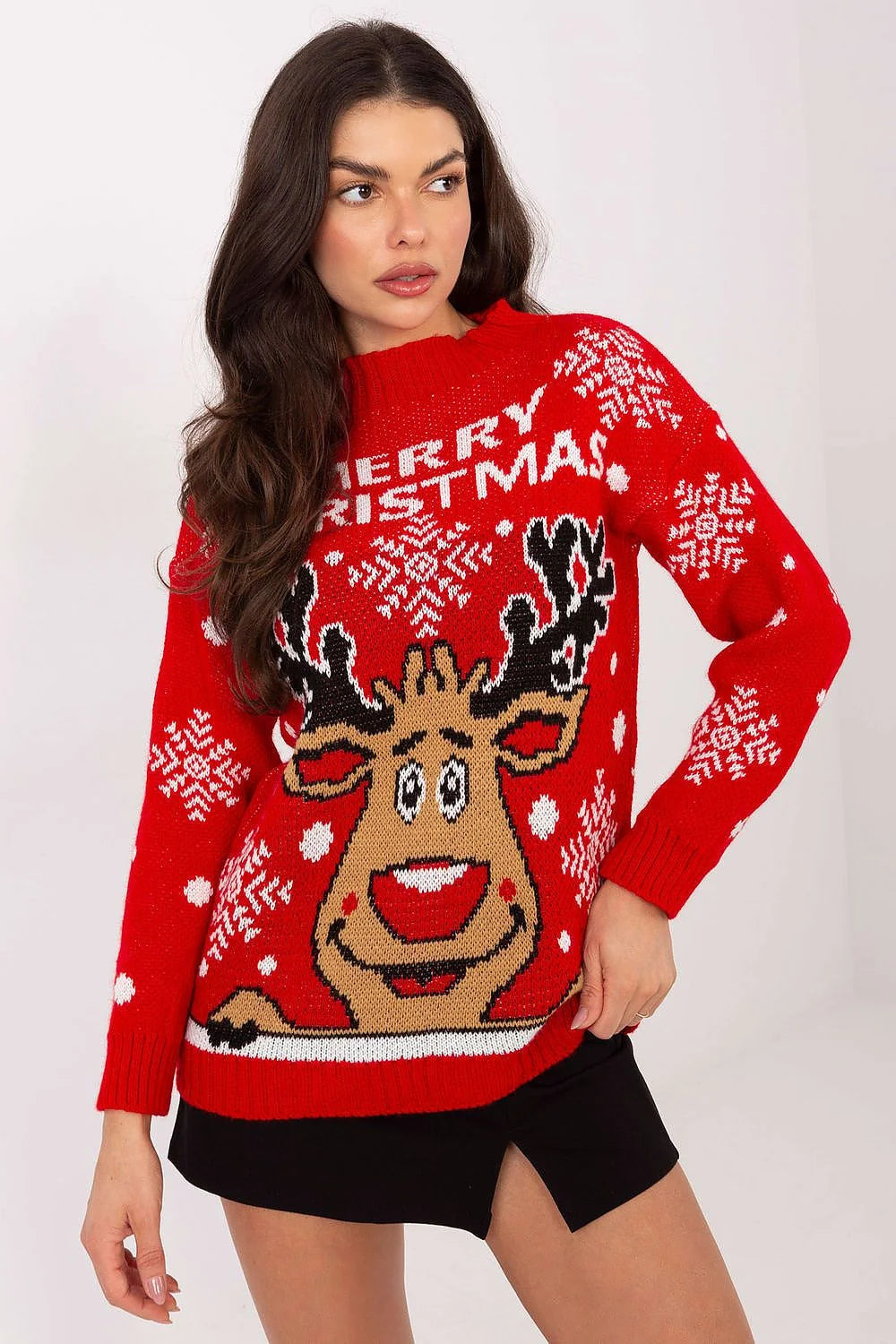 pull Noël femme rouge vif renne cartoon inscription Merry Christmas maille épaisse côtelée manches longues col roulé confortable acrylique polyamide
